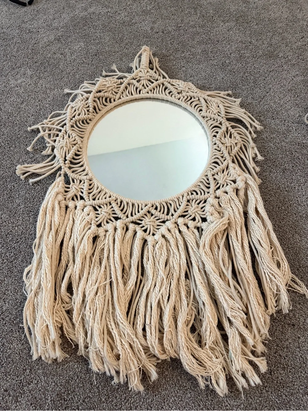 Boho Macrame Fringe Round Wall Mirror - Cream